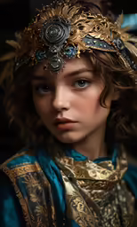 an attractive young woman wearing a costume with golden and blue trims