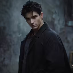 a young man in a black coat and tie
