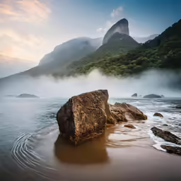 some rocks are in the water on a mountain beach