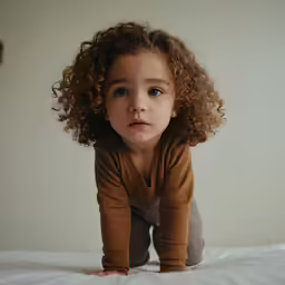 a young child with curly hair laying on bed