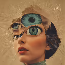 a woman has an eyeball above her head and has another face with eyes opened