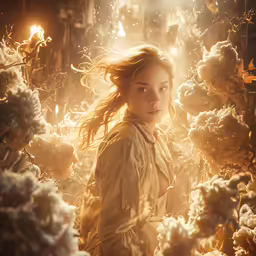 a young woman standing in front of lots of clouds