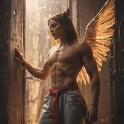 an angel is standing near a wall
