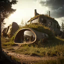 people are walking through an abandoned area by an old truck