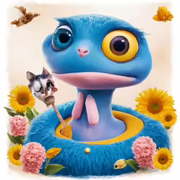 a picture of a cartoon blue bird and a kitten