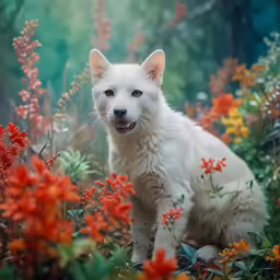 a white dog sits among a field of red and yellow flowers