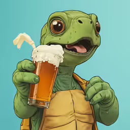 a painting of a turtle holding a glass and some beers