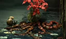 red flowers are in a vase next to some brown bread