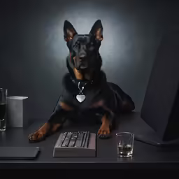 a large black and brown dog sitting next to a keyboard