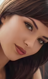 a woman with dark hair and red lipstick