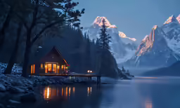 the cabin is built up on the shoreline of the lake