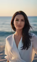 a woman standing on a beach with her hands on her hips
