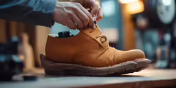 someone holding the shoe and tying the lace
