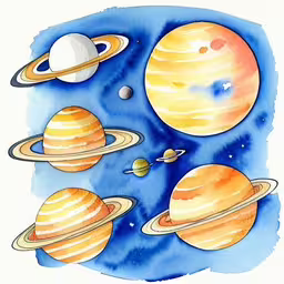 watercolor sketch of planets in the solar system,the solar system, with saturn and saturn and other stars in it