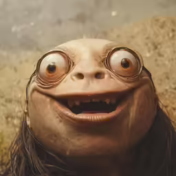 a creature with long hair and glasses with one eye wide open