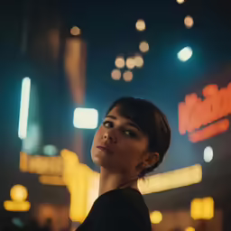 woman looking up at a building lit up with street lights