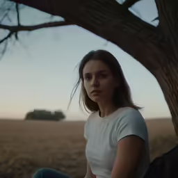 a beautiful young woman sitting under a tree