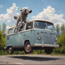 a dog in the back of an old van that has just passed the turn