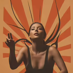 a woman wearing a bikini top with large hair sticks sticking out of her chest