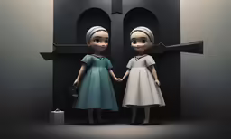 two small dolls hold hands near a black door