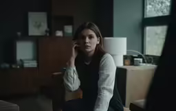 a woman sitting on a chair while talking on her phone