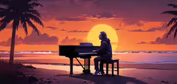 a man sitting at a piano on a beach while the sun sets,a man is playing on the piano at sunset