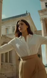 the model poses in front of a building