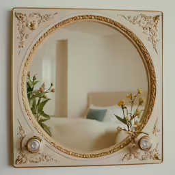 a decorative mirror over a bed in the middle of a room