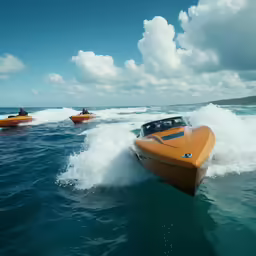 an orange boat with people on board rides through the ocean