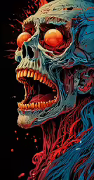 a creepy skull with two glowing eyes and an orange nose