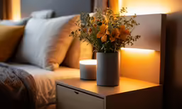 a bed with a lamp next to it and a vase with flowers on the nightstand