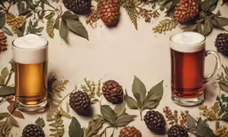 two mugs of beer surrounded by cones and leaves