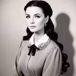 woman in a dress posing for a black and white photo