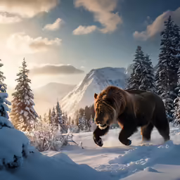 a brown bear walking through the snowy woods