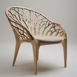 an empty, chair with white seat cushions sitting against a wall