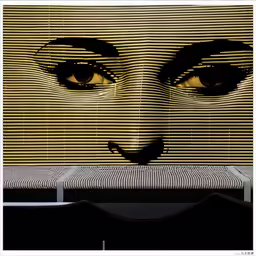an eye peers in to a screen covered by blinds