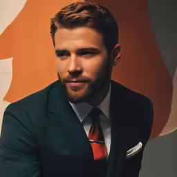 a man in a suit and red tie