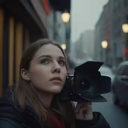woman holding up camera in the street by her side