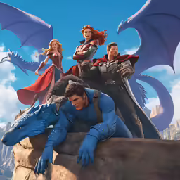 a man and two women are flying over an adult dragon