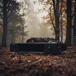 a camera sitting in the middle of an autumn forest