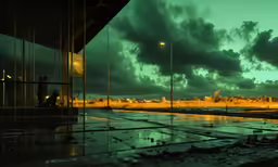 a rainy evening with several buildings on it