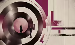 two people standing inside a spiral shaped area