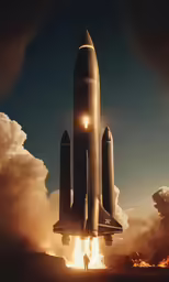 a rocket launching into the sky, with smoke trailing