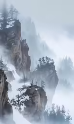 the mountain peaks covered in mist and low lying trees