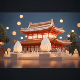 there is a beautiful display of asian architecture