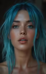 an image of a very beautiful woman with long blue hair