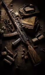 a gun and other tools laying on a wooden surface