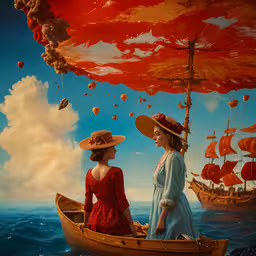 two women in a boat looking at a floating paper,two women in red and orange dress on a boat