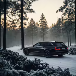 the audi audi is making its way through the snowy woods