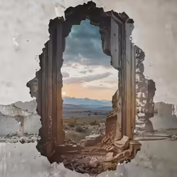 a hole through the concrete shows an orange sky and mountains